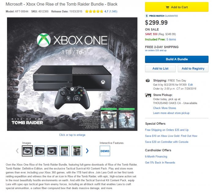 Best Buy has the 1TB Rise of the Tomb Raider Xbox One bundle for $299, includes $50 gift cards, games, extra controller