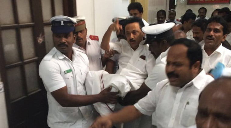 DMK MLAs protests outside Tamil Nadu assembly