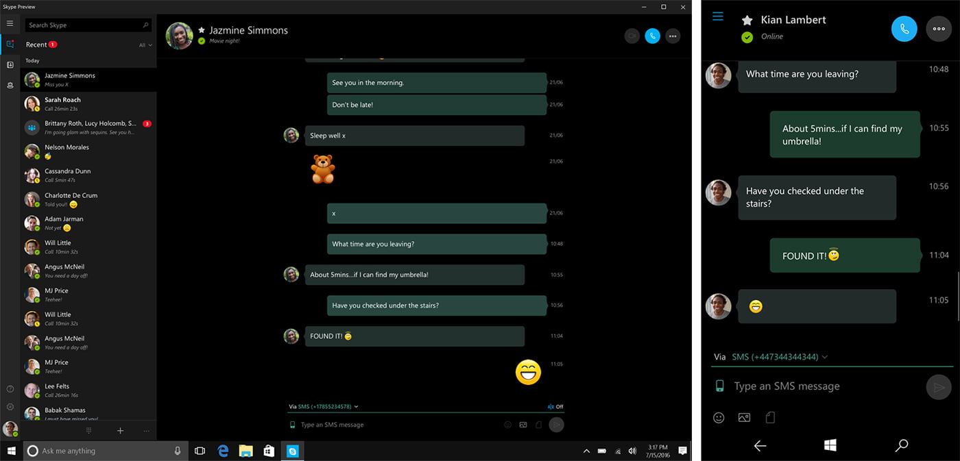 Windows Insiders can send and receive texts on Skype for PC